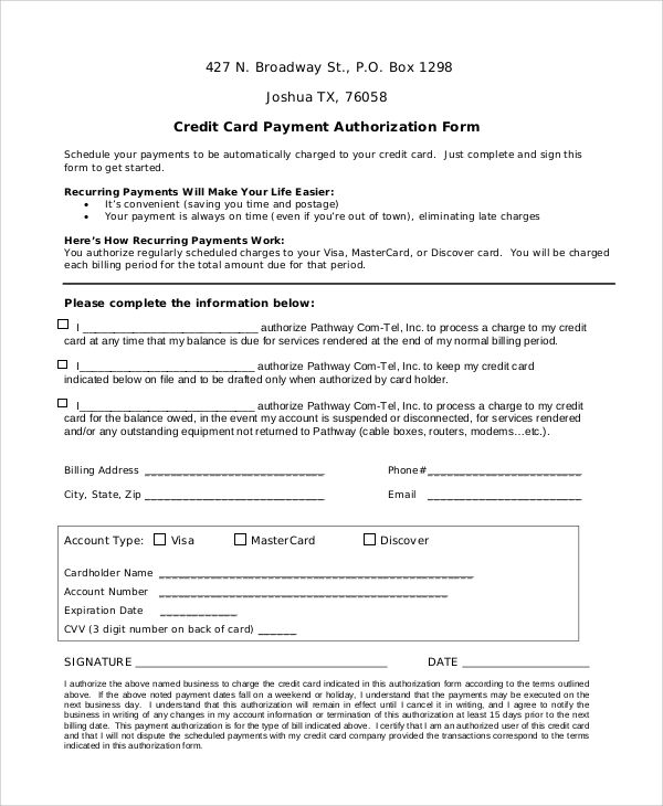 8+ Sample Credit Card Authorization Forms | Sample Templates