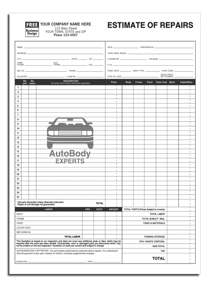 vehicle repair request form template free automotive repair order 