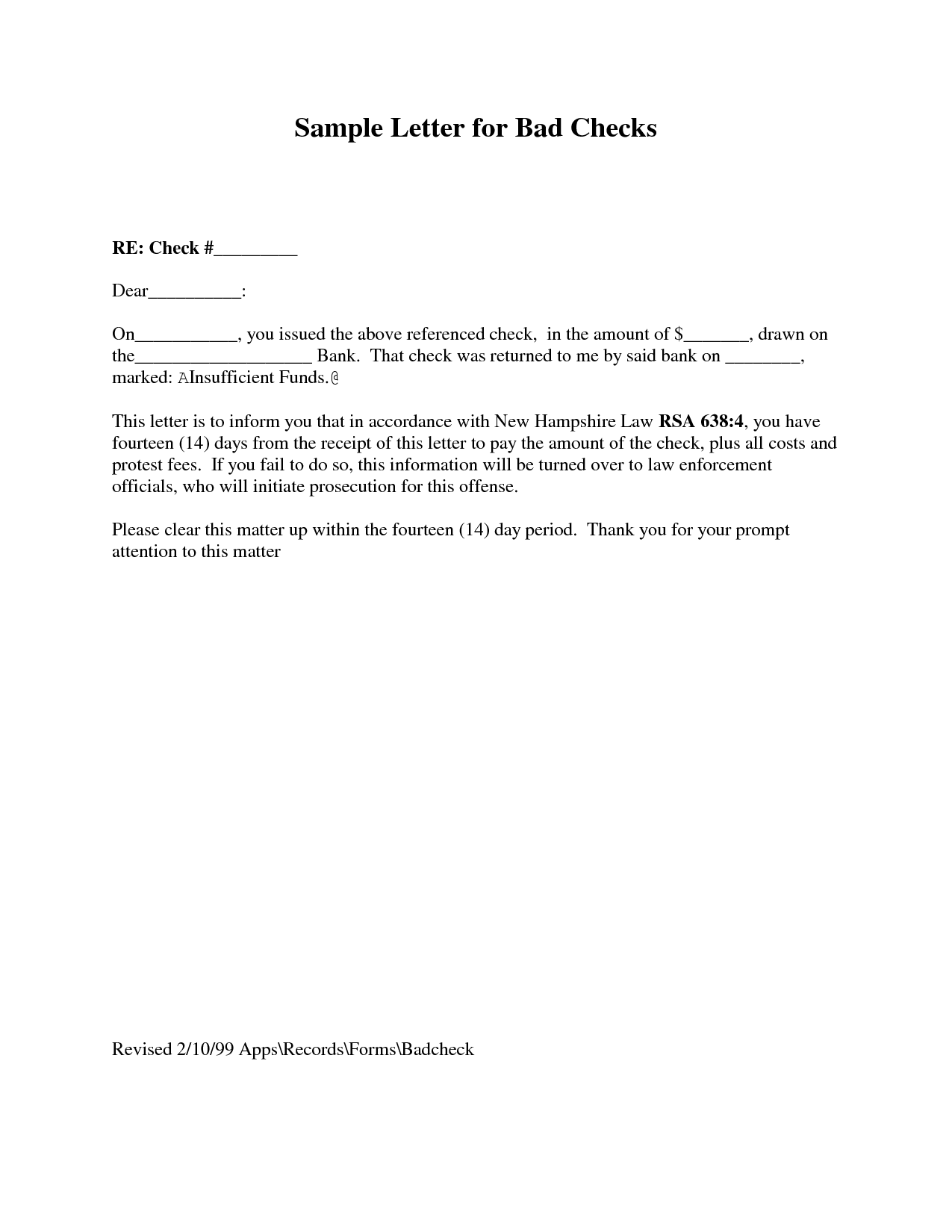 Bad Check Letter Template | charlotte clergy coalition