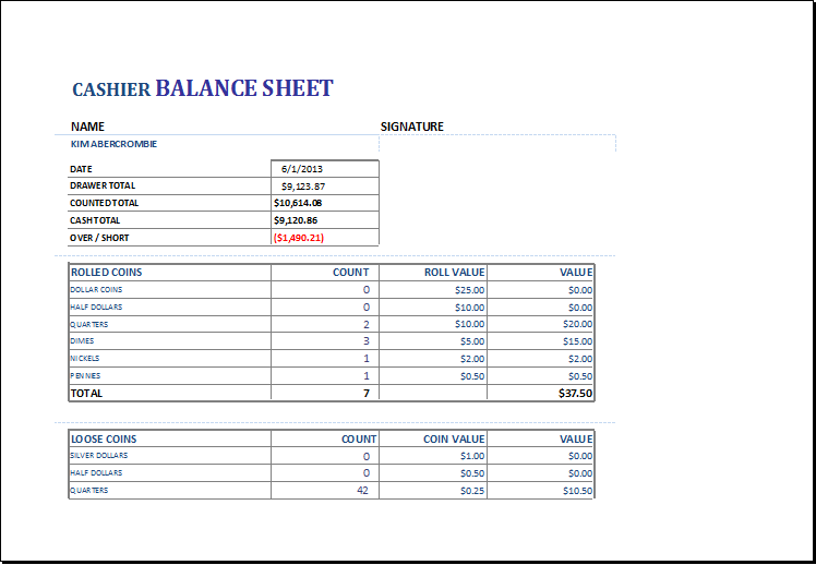 Cashier Balance Sheet Template For Excel | Excel Templates with 