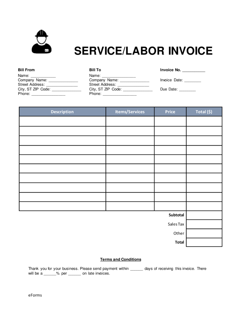 Free Service/Labor Invoice Template   Word | PDF | eForms – Free 