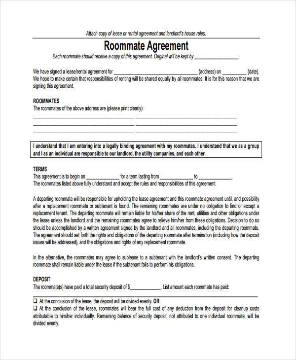 8+ Sample Roommate Agreements   Free Sample, Example, Format Download