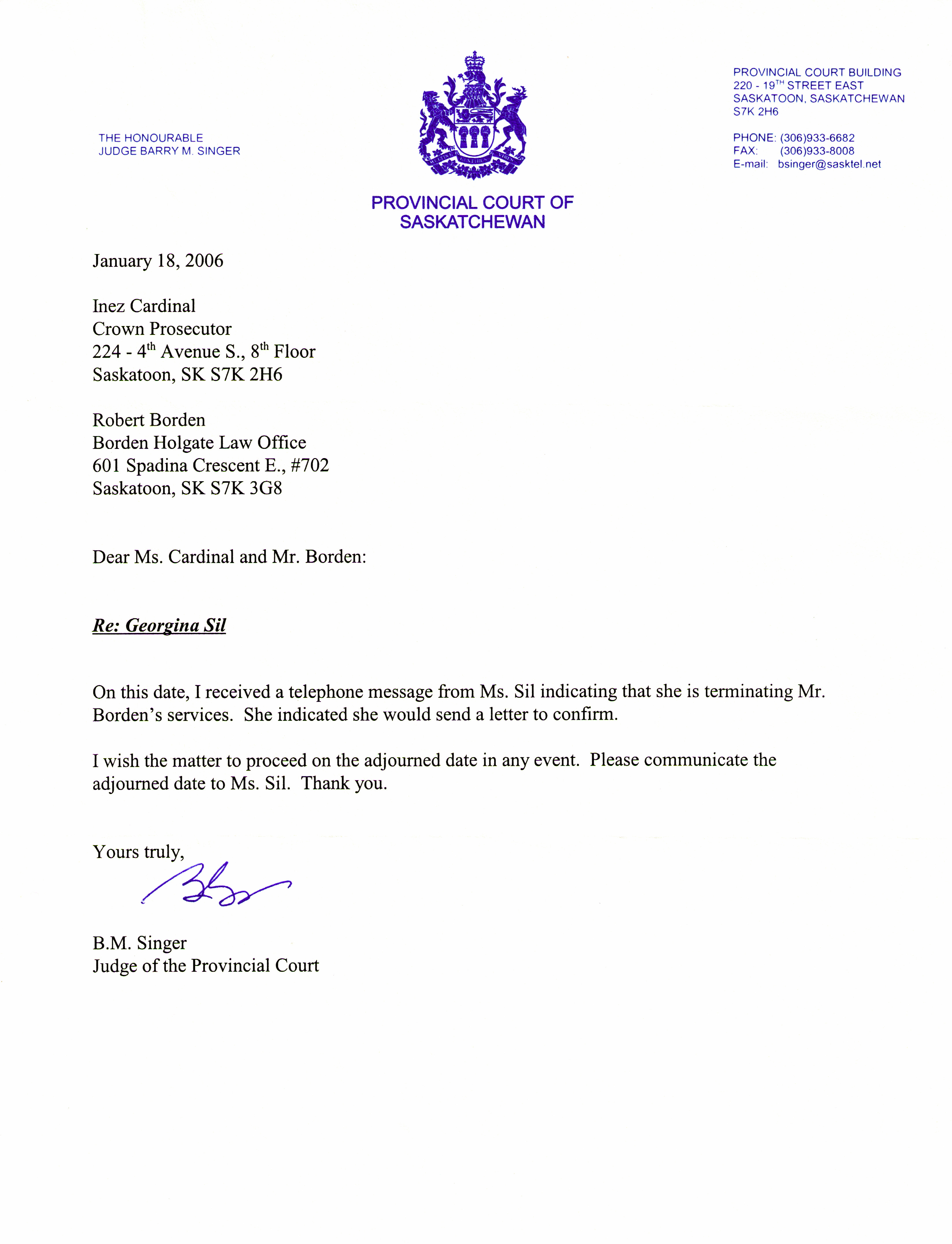 Letter of representation attorney from judge singer fire robert 