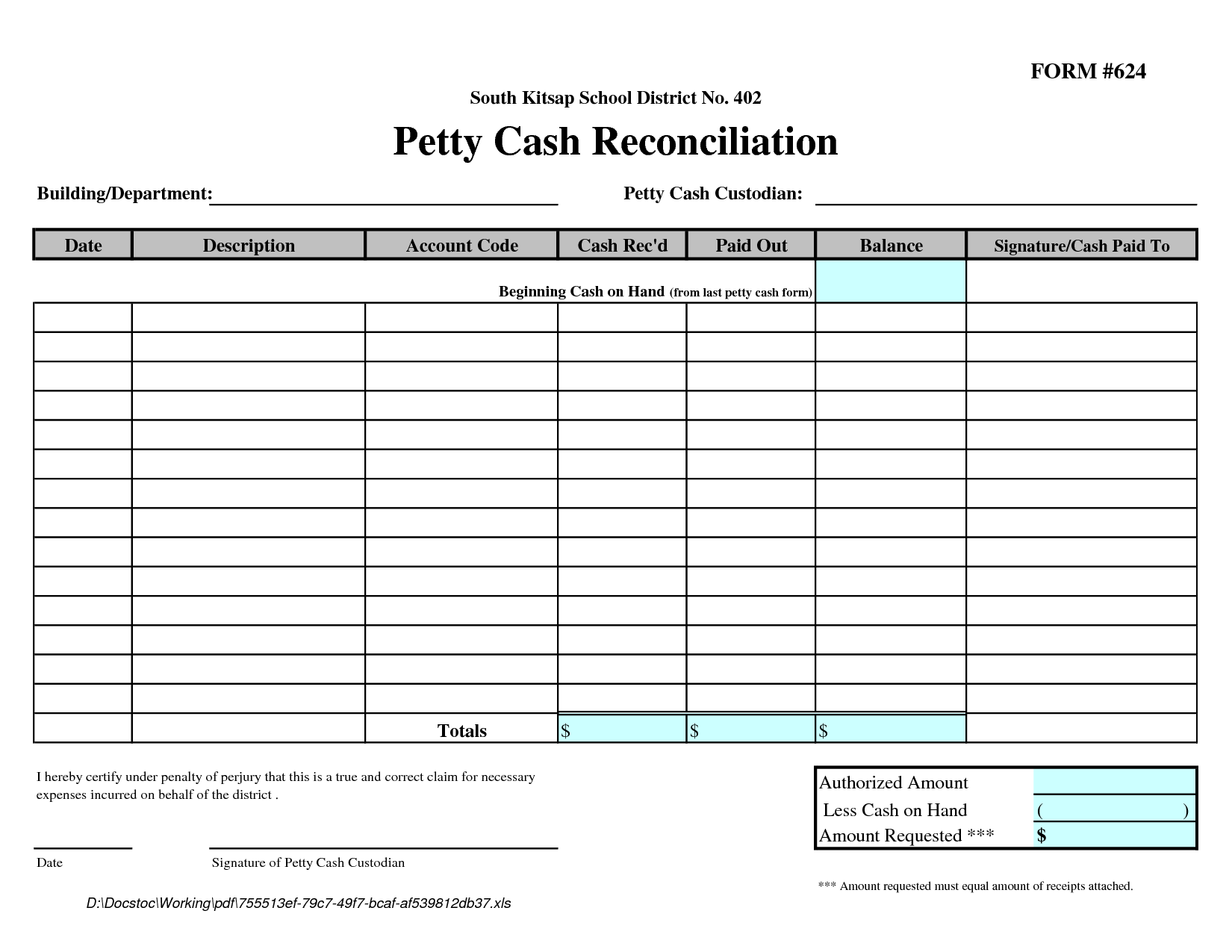 Petty Cash Reconciliation Form Template | HHH | Pinterest | Template