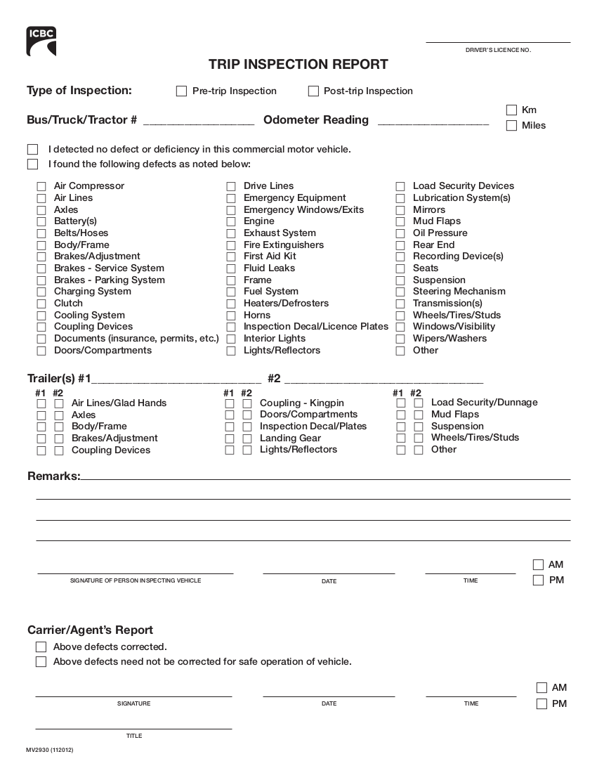 Pre Trip Vehicle Inspection Checklist Template