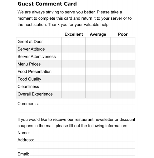 customer comment card template   Gecce.tackletarts.co