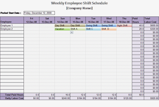 Work Schedule Template   Weekly Employee Shift Schedule Templatelate