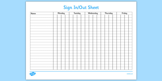 Sign In and Out Sheet   sign in, sign out, sign, sheet, record