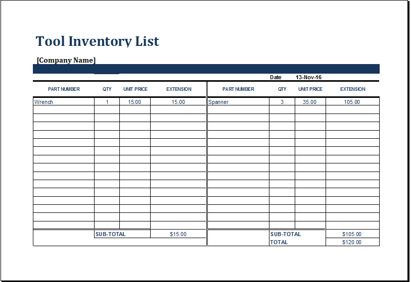 Tool Inventory Sheet