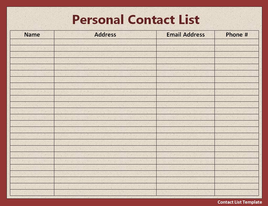 Best Photos of Printable Personal Contact Template   Personal 