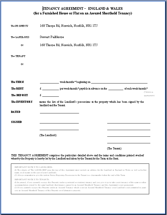 tenancy agreement form template