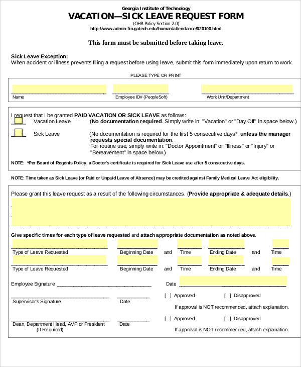 vacation request form templates sample vacation request form 8 