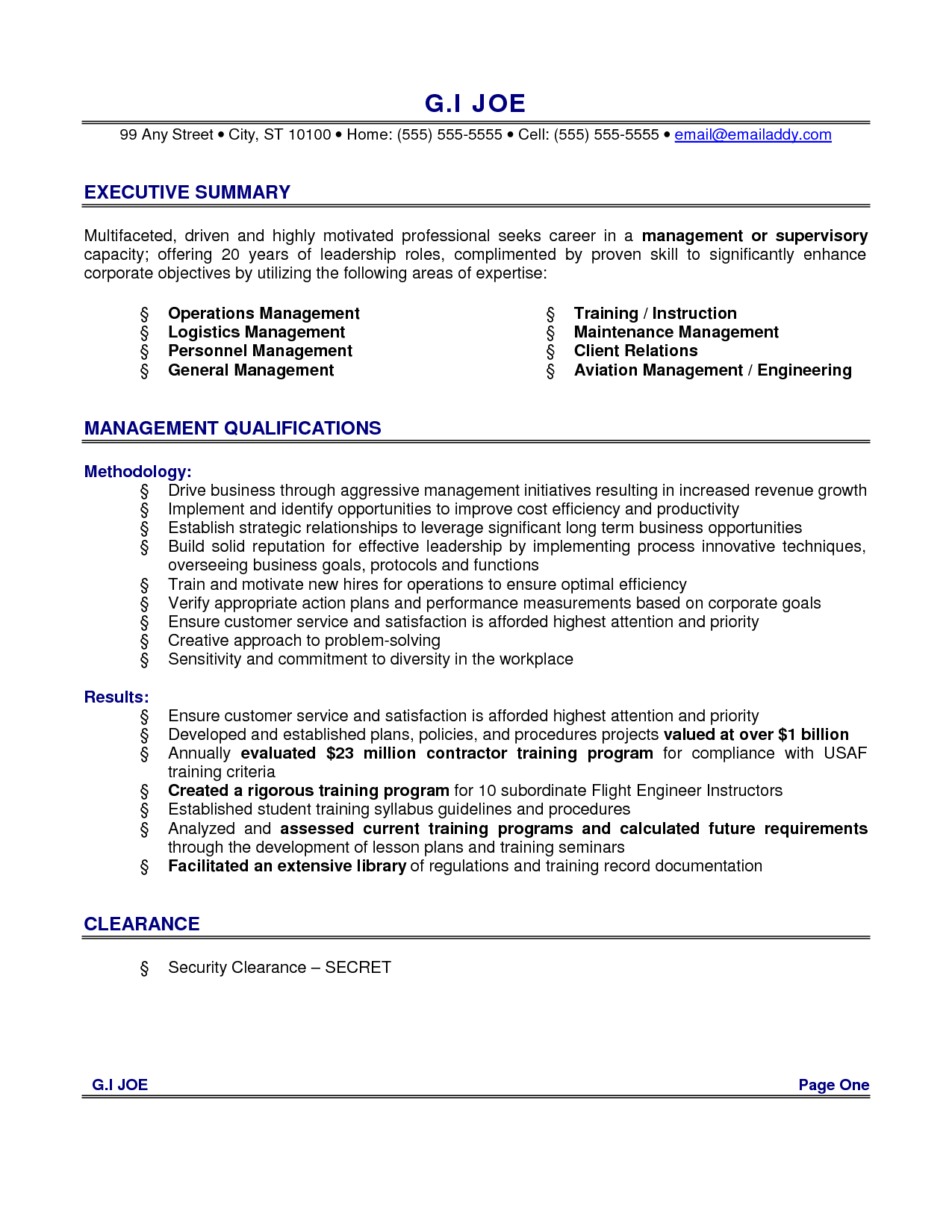 Resume-Examples For Executive Summary With Management Qualifications