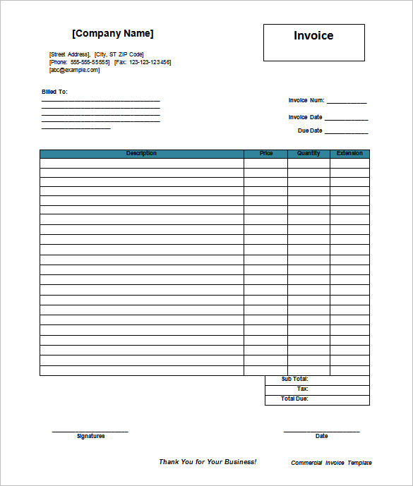 Blank Commercial Invoice Template in Word Doc