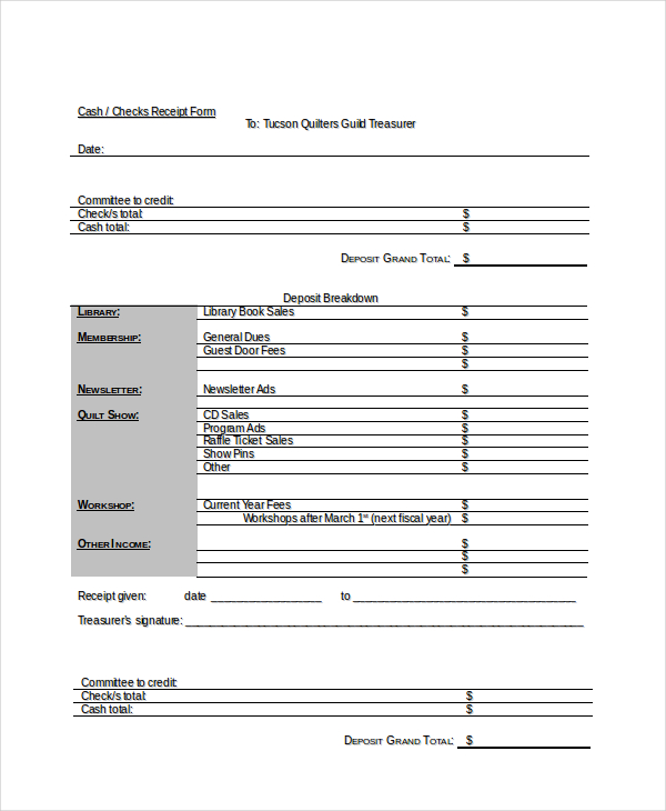 Cash or Checks Receipt Form In Doc