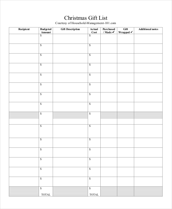 Christmas Gift List Template