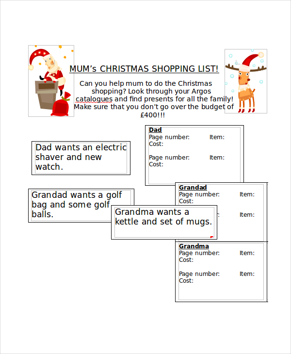 Christmas Shopping List Template Printable