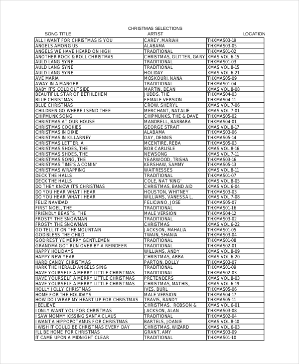 Christmas Song List Template
