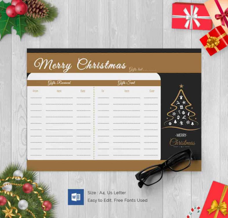 Christmas Tree Gift List Word Document 788x753