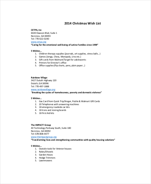 Christmas Wish List Template For Adults