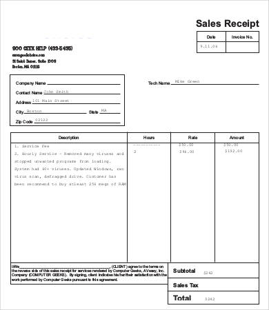 Computer Sales Receipt Template