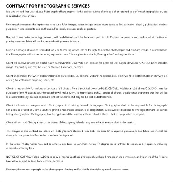 Contract for Photographic Services PDF Format