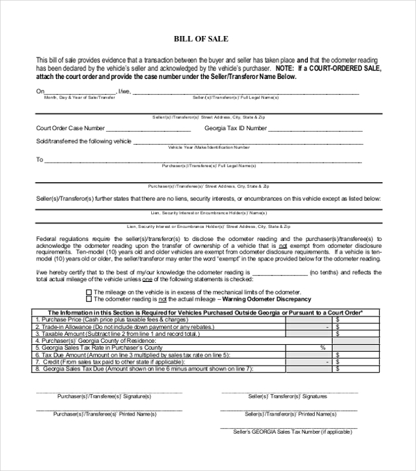 Dealer Bill of Sale Template