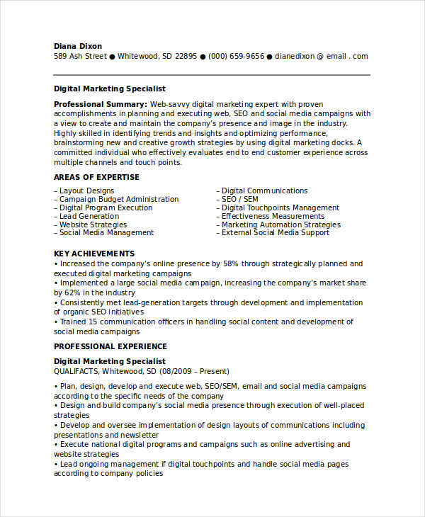 Digital Marketing Specialist Resume