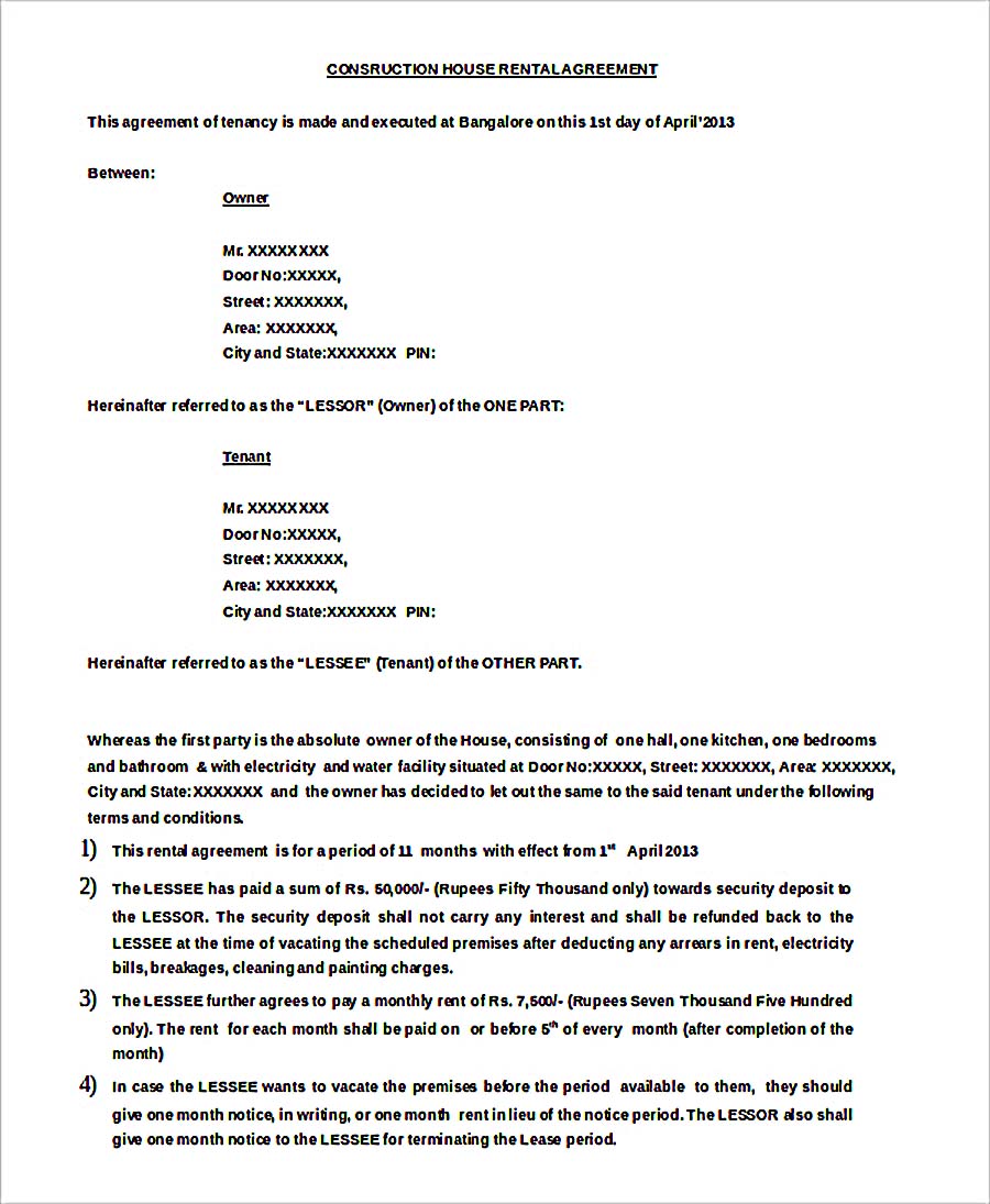 Doc Format Construction Hose Rental Agreement Free Download