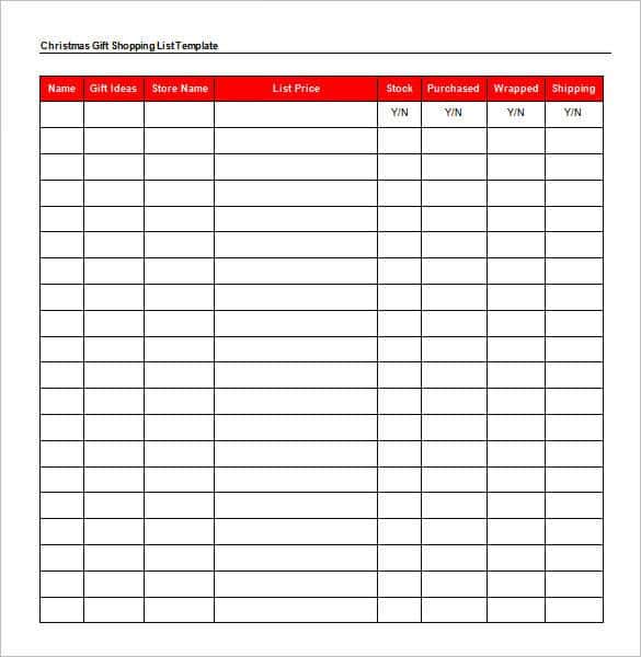 Christmas Gift Shopping List Word Doc