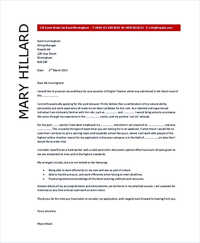 English Teacher Cover Letter Example