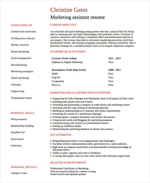 Entry Level Marketing Assistant Resume