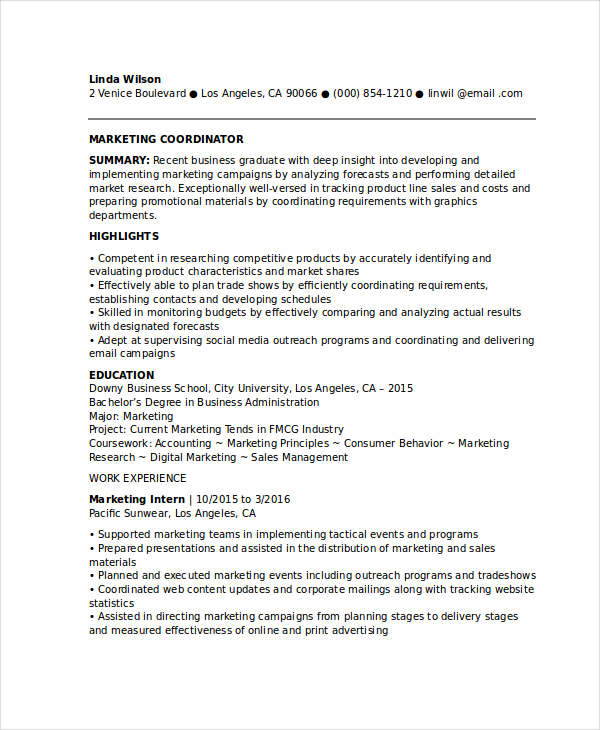 Entry Level Marketing Coordinator Resume