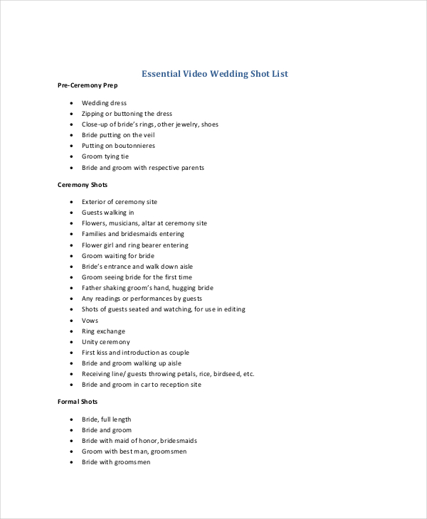 Essential Video Wedding Shot List Template