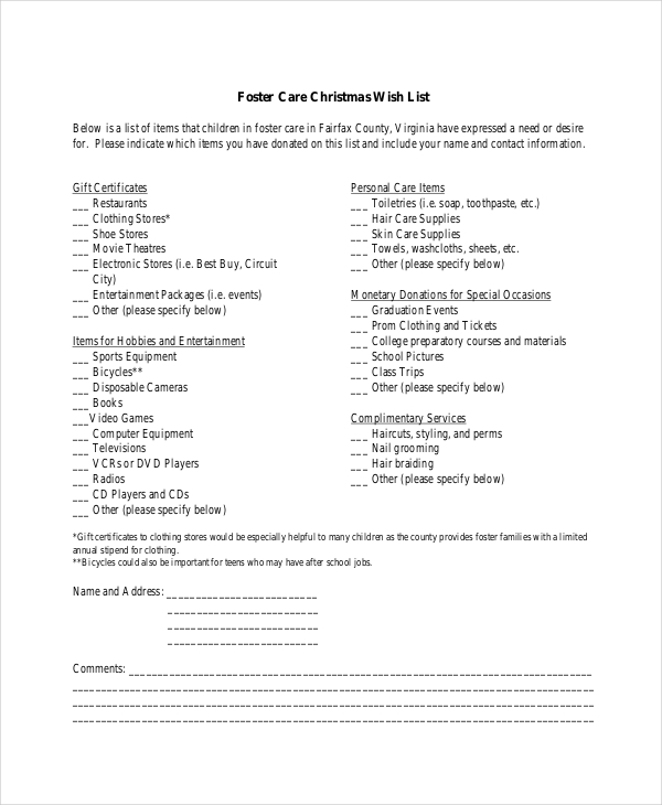 Foster Care Christmas Wish List