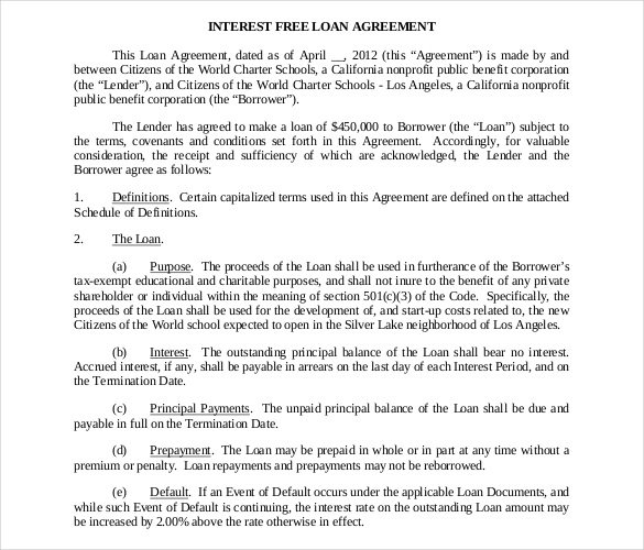 Free Interest Free Loan Contract Temp