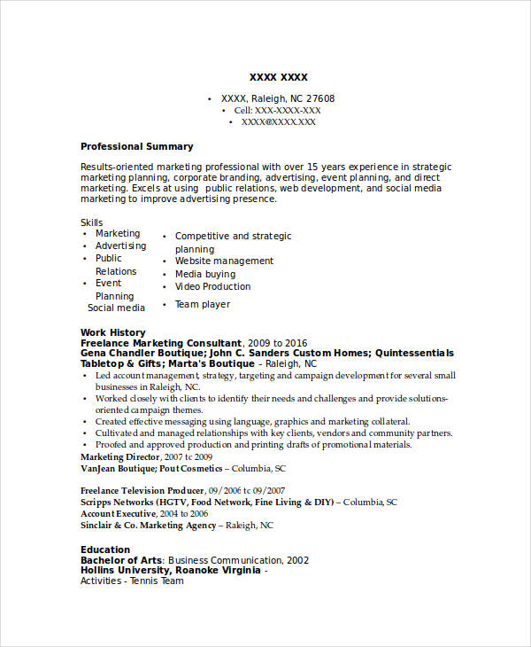 Freelance Marketing Consultant Resume