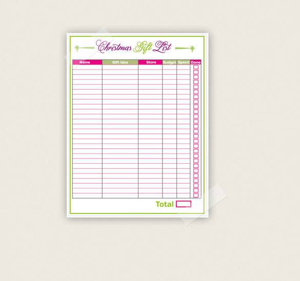 Gift List Christmas Template PDF Printable Download