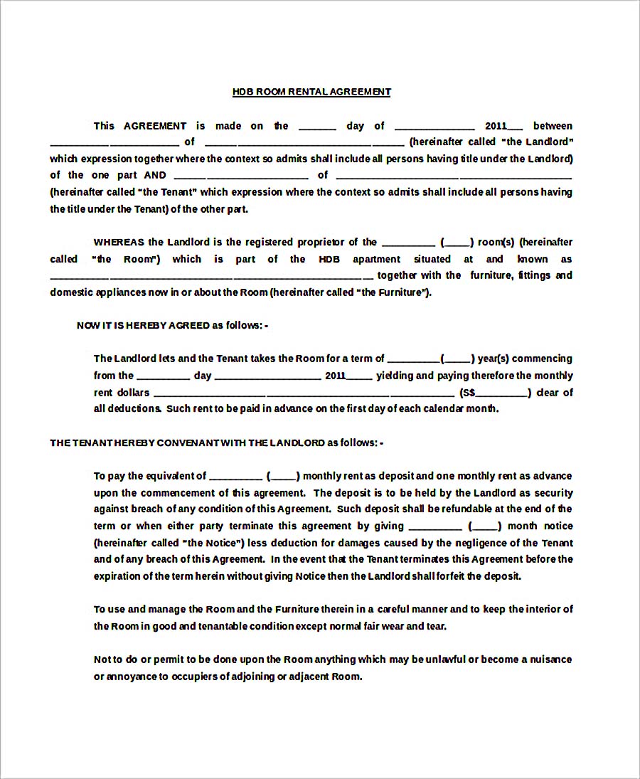 HDB Room Rental Agreement Free Doc Template Download
