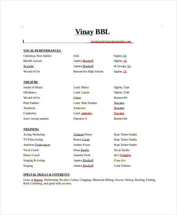 High School Theatre Resume Template
