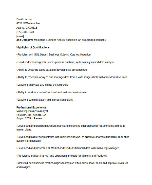 Marketing Business Analyst Resume