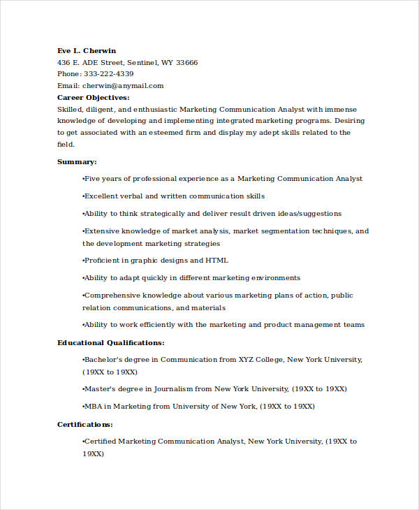 Marketing Communications Analyst Resume