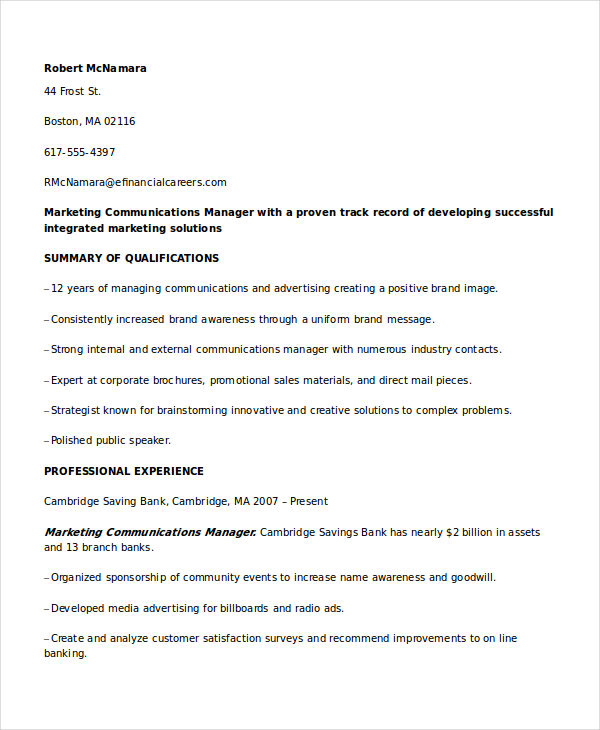 Marketing Communications Manager Resume