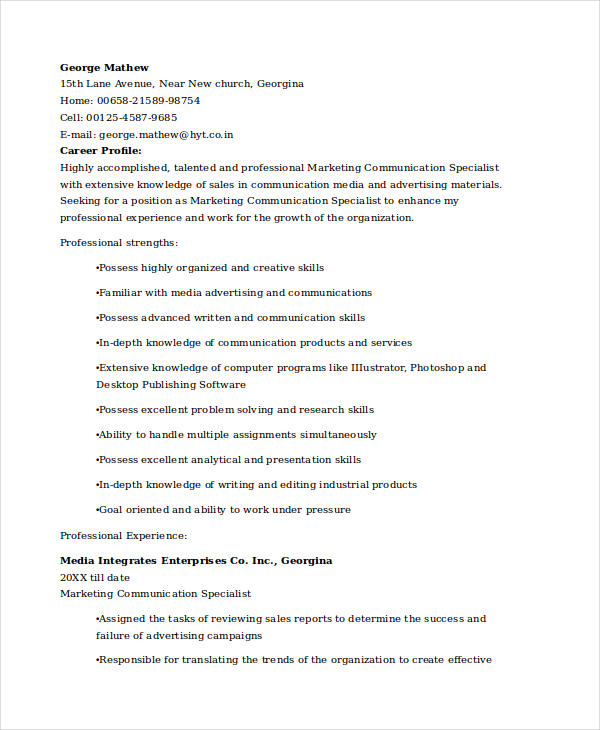 Marketing Communications Specialist Resume