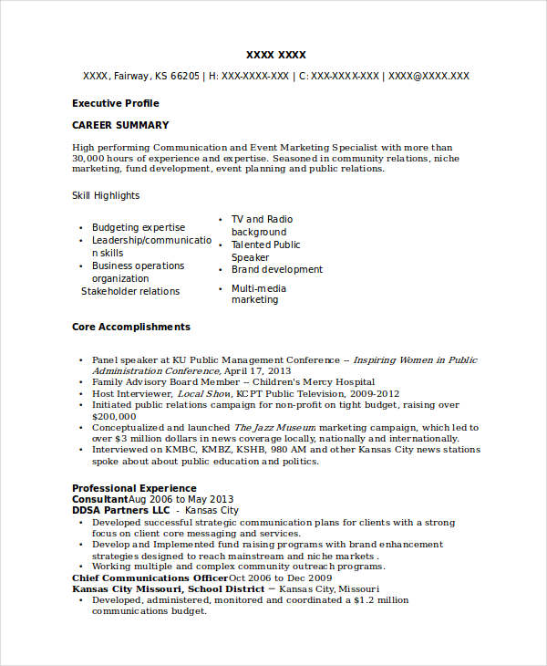 Marketing Events Specialist Resume