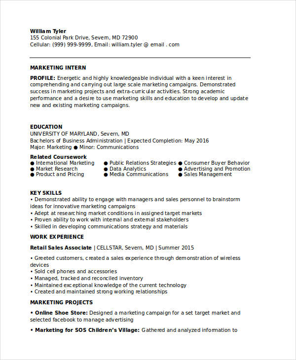 Marketing Internship Student Resume
