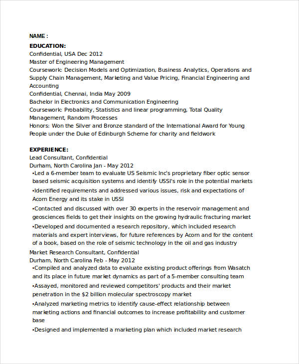 Marketing Research Consultant Resume