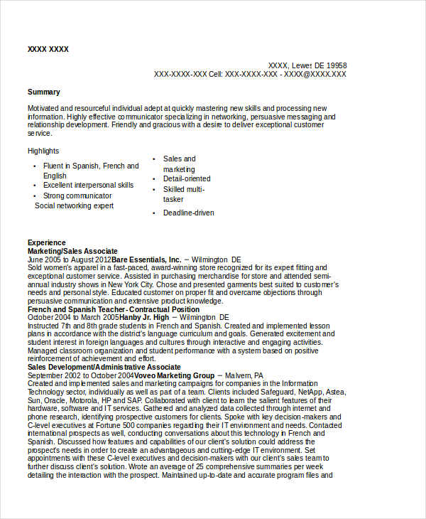 Marketing Sales Associate Resume