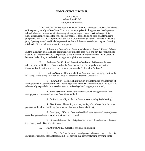 Model Office Sublease Agreement