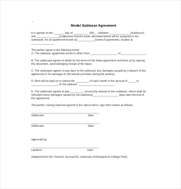Model Sublease Agreement Template